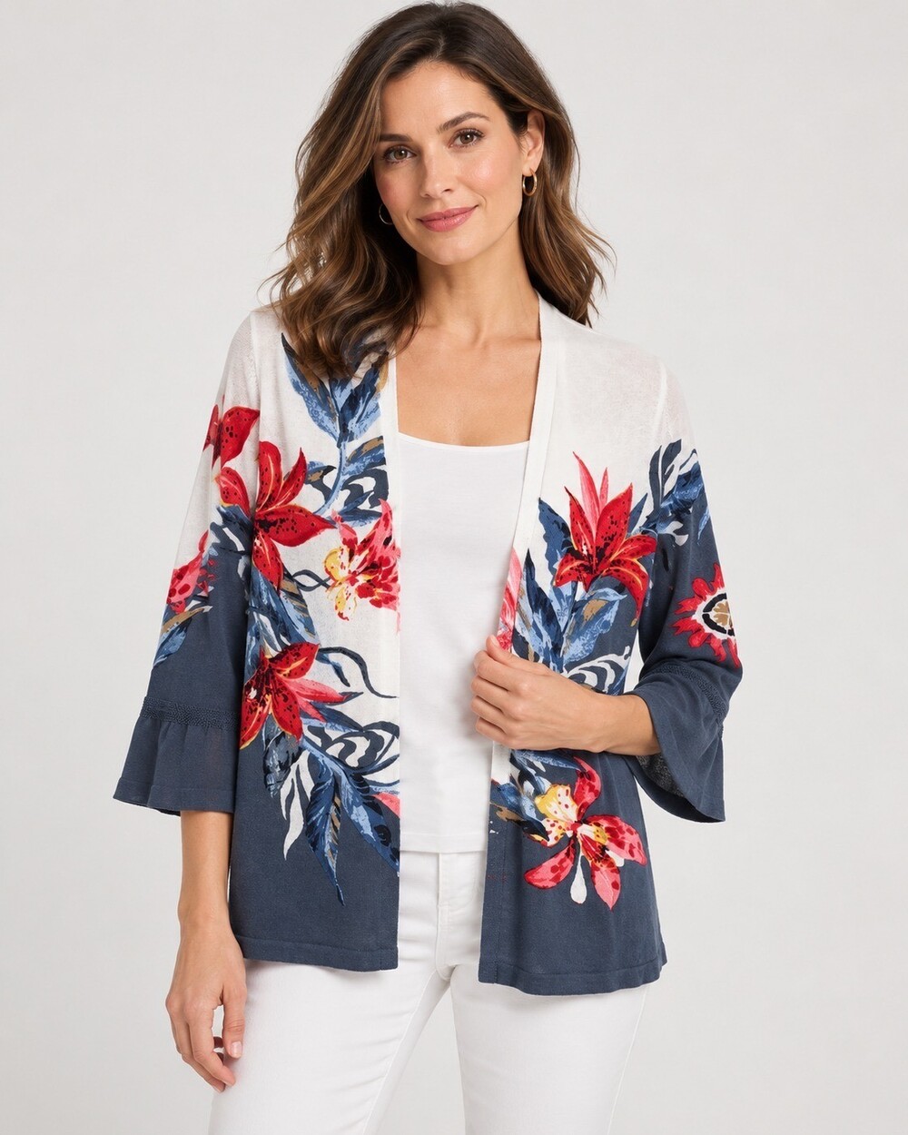 chico's size 0 navy blue floral print cotton nylon cardigan